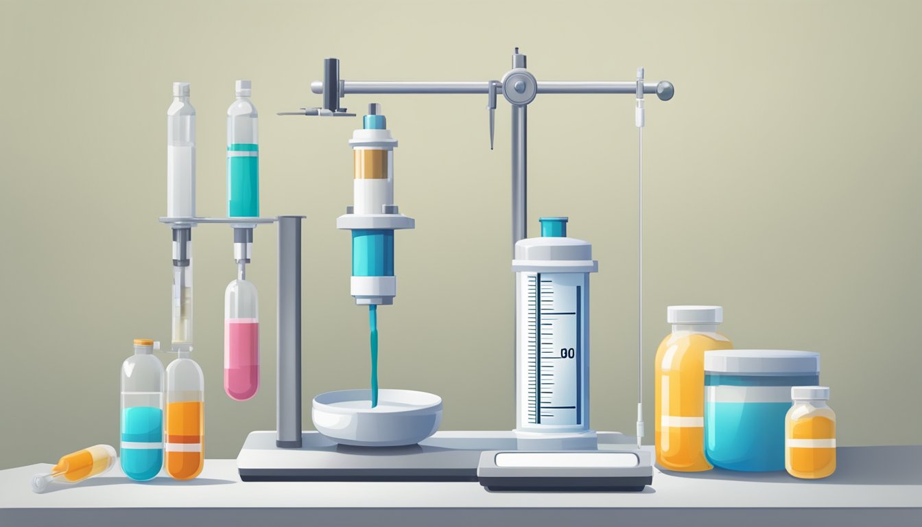 A syringe filled with medication sits next to a scale and a warning sign