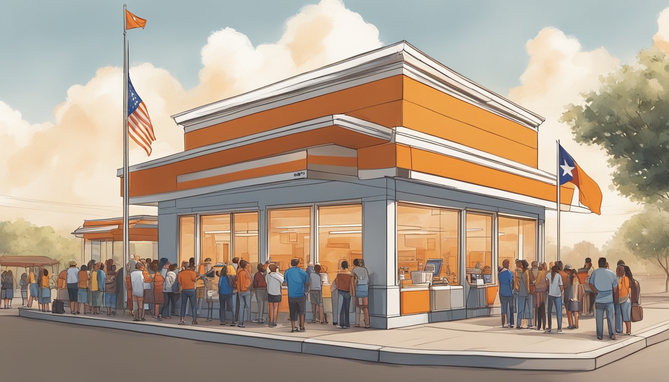 A Texas flag waving proudly outside a Whataburger restaurant, with a line of loyal customers waiting to redeem their rewards and purchase branded merchandise