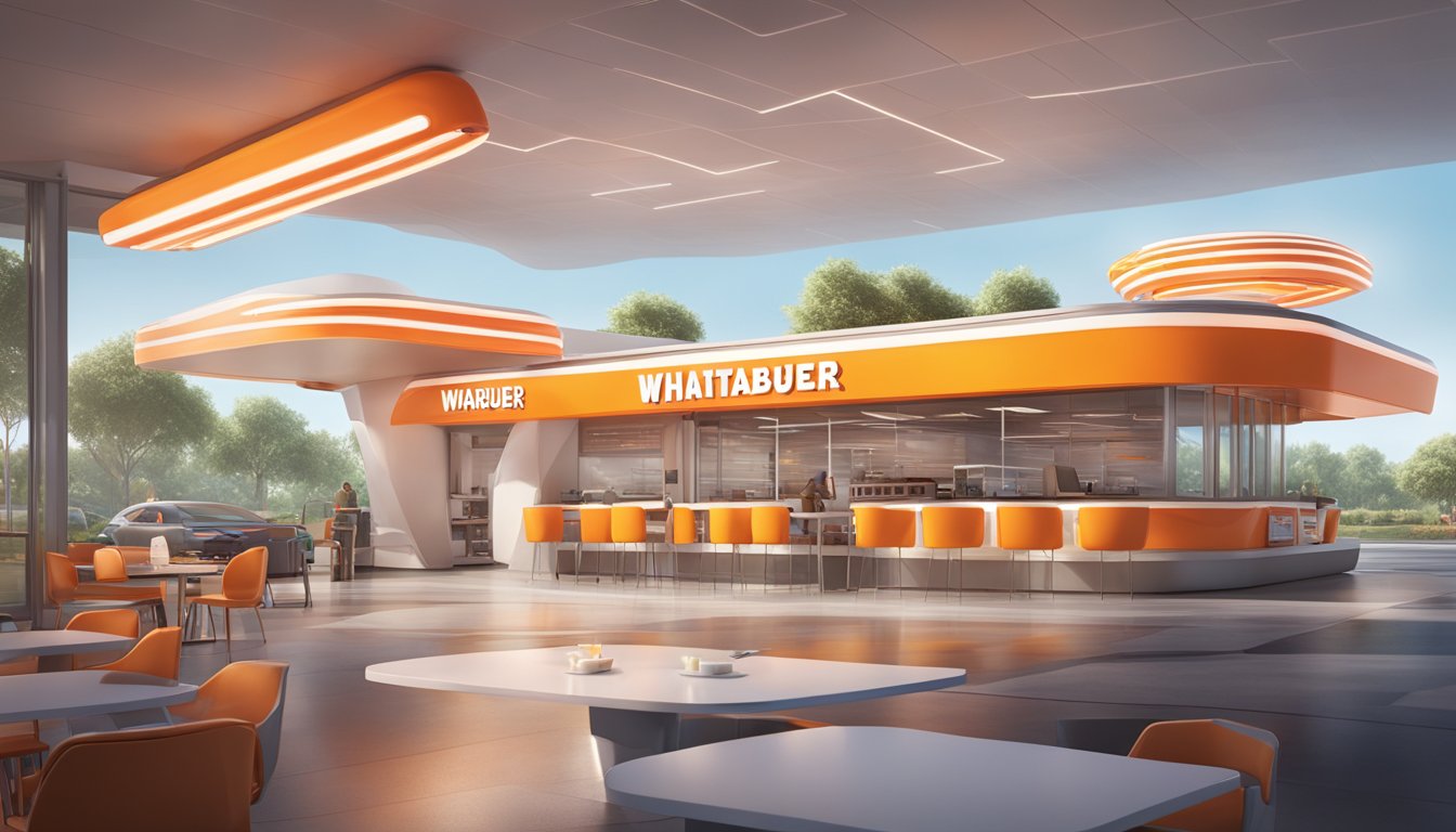 A futuristic Whataburger restaurant with advanced technology and sleek design, featuring flying delivery drones and holographic menu displays