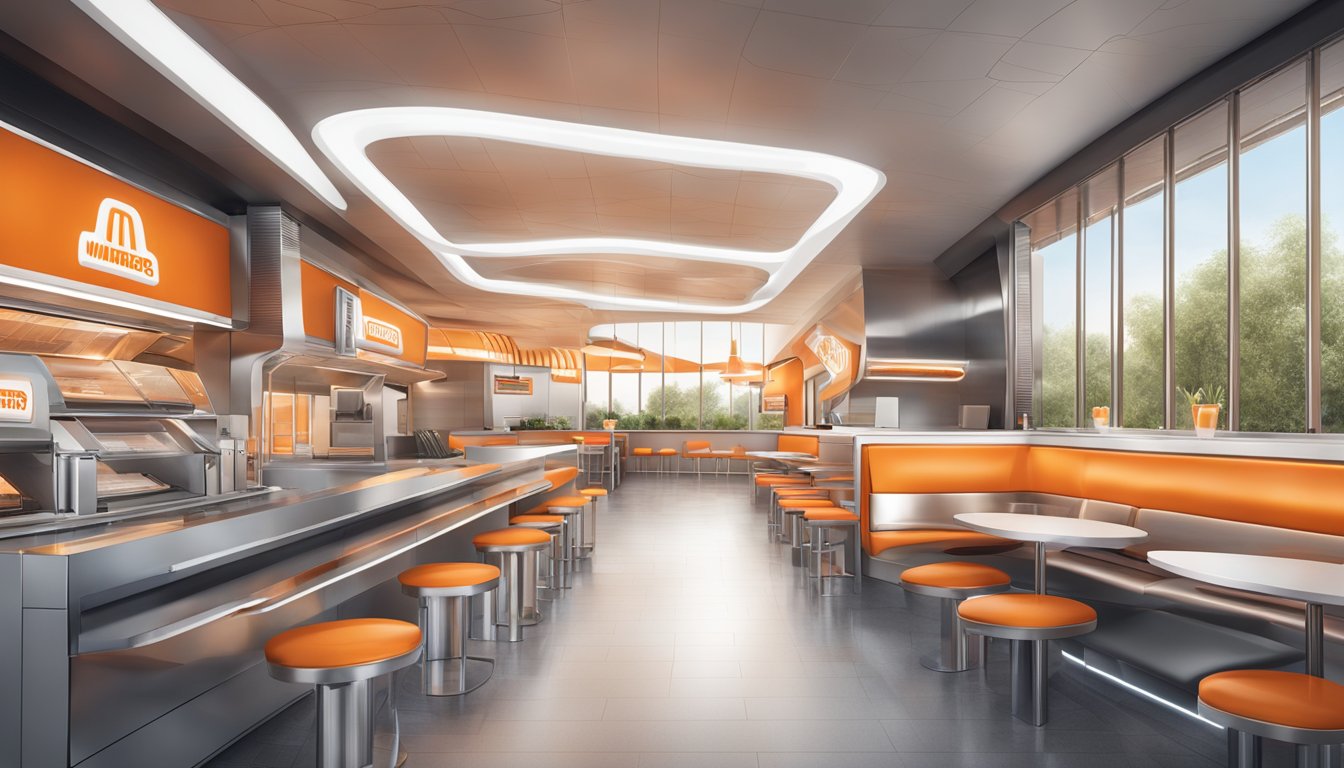 A futuristic Whataburger restaurant with sleek, metallic architecture and advanced technology integrated into every aspect of the design