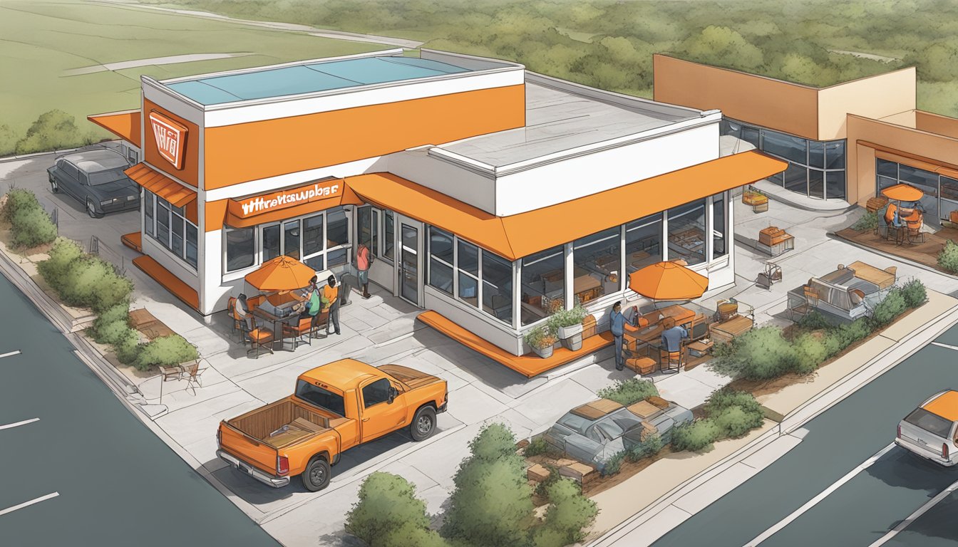 A bustling Whataburger location with a line of customers out the door, surrounded by a sprawling Texas landscape. Expansion plans in the background