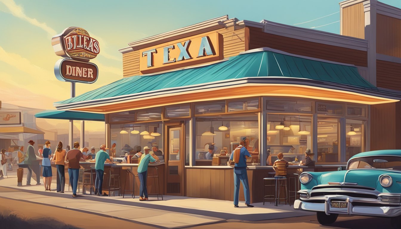 A bustling Texas diner with a vintage sign and a line of customers out the door. The aroma of sizzling burgers fills the air