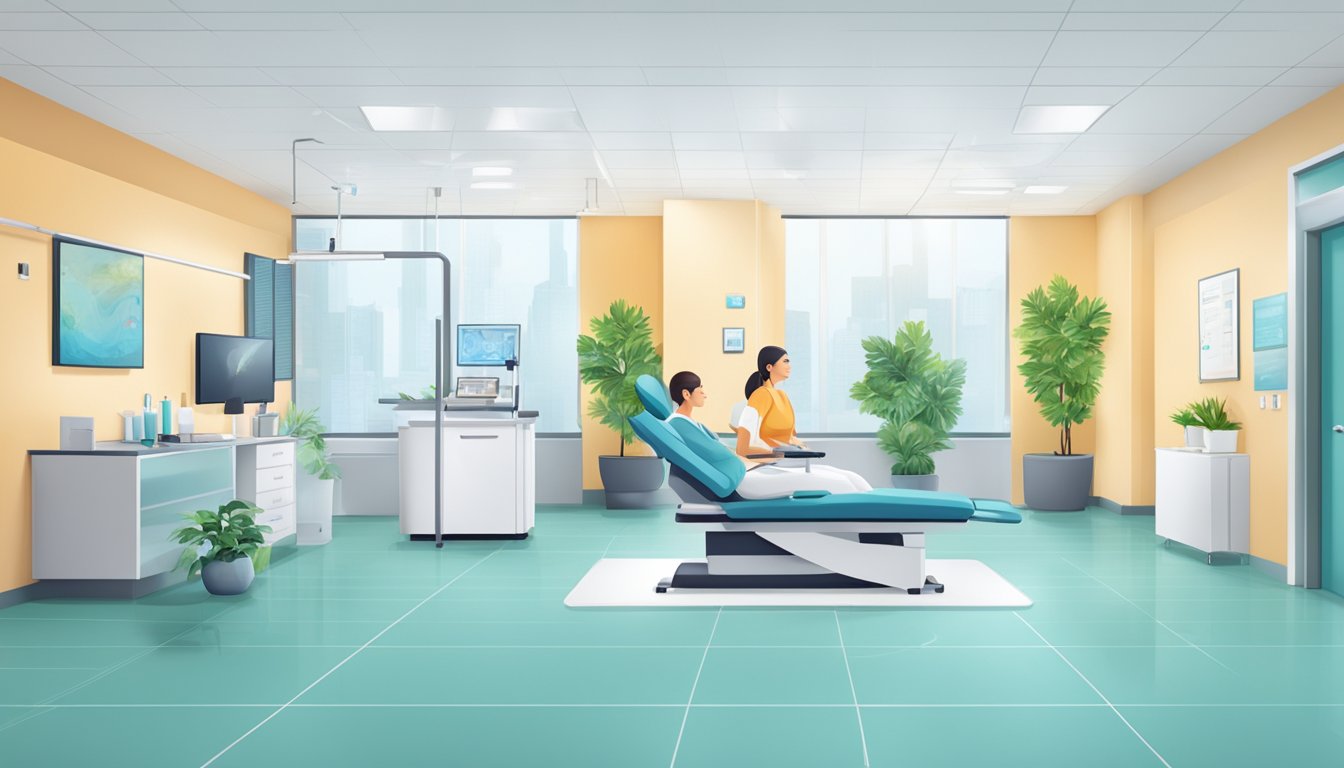 A modern clinic with a reception area and medical staff assisting patients with weight loss injections