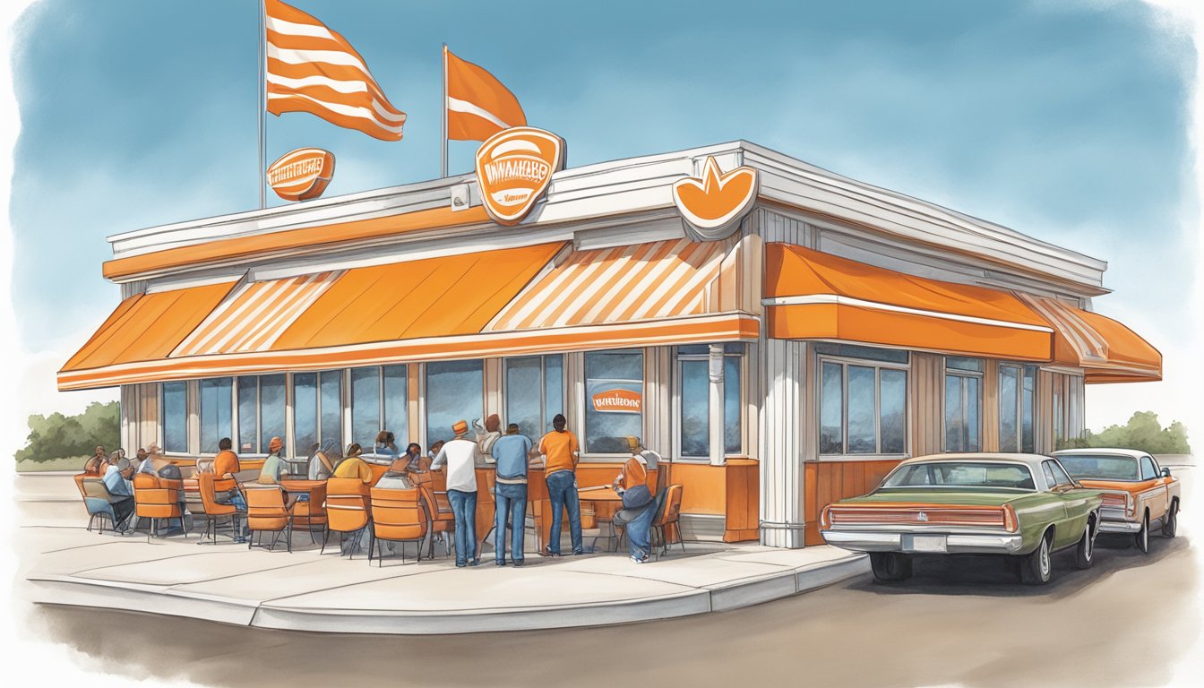 A bustling Whataburger restaurant in Texas, with a line of customers stretching out the door, while the iconic orange and white striped building stands proudly against the Texas sky