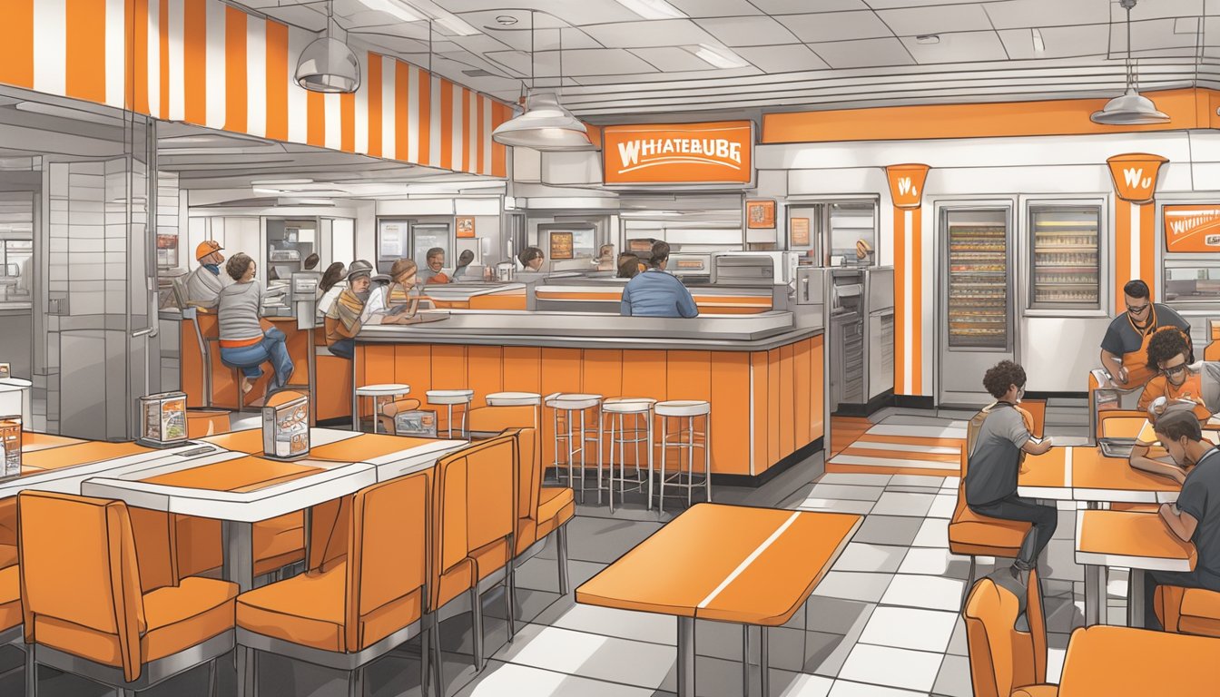 A bustling Whataburger restaurant with iconic orange and white stripes, a line of customers, and a friendly atmosphere