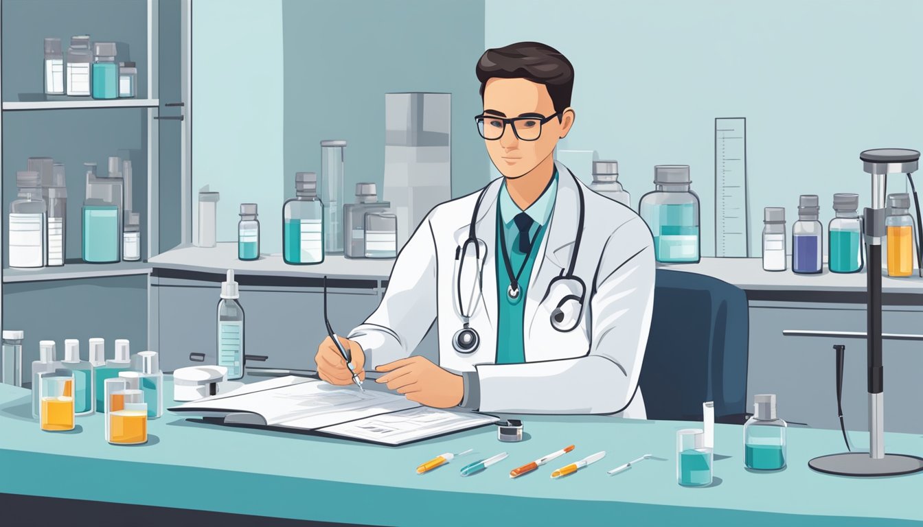 A clinical setting with a table holding vials, syringes, and a medical chart, with a healthcare professional preparing a diabetes injection