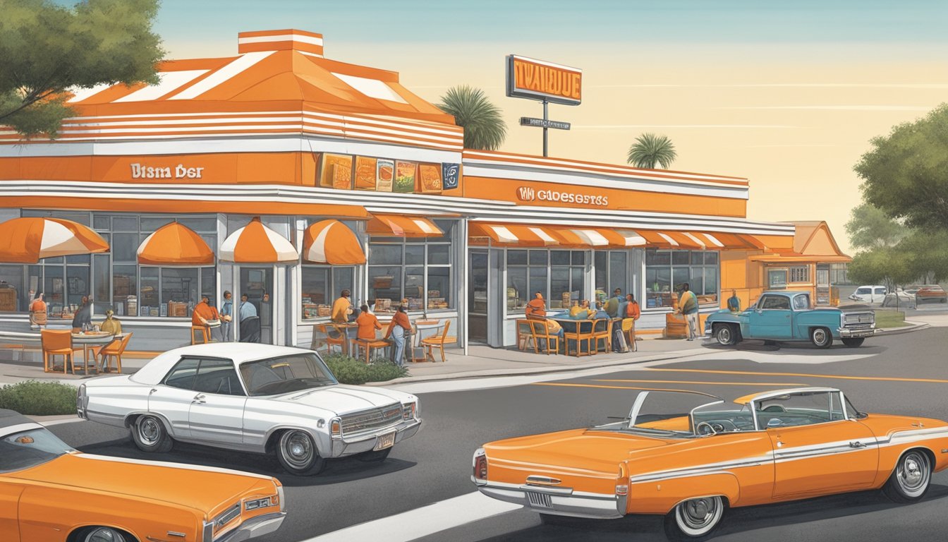 A bustling Texas food scene with Whataburger's iconic orange and white stripes dominating the landscape, while food critics and writers gather to discuss and critique the influence of the beloved fast-food chain