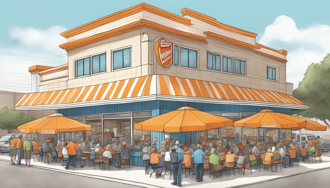 A bustling Whataburger restaurant with a line of customers wrapped around the building, while food critics and writers gather nearby, taking notes and discussing the impact of the iconic Texas chain on the local food scene