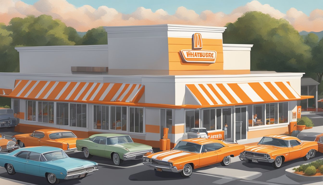 A bustling Whataburger restaurant with a line of cars at the drive-thru, a crowded dining area, and a prominent orange and white striped A-frame building