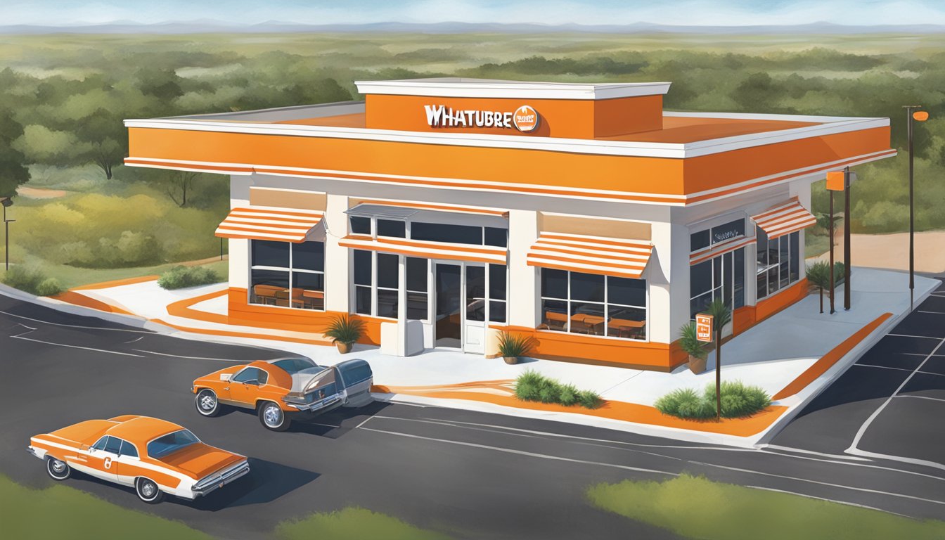 A bustling Whataburger restaurant with iconic orange and white stripes, drive-thru, and outdoor seating, surrounded by the Texas landscape