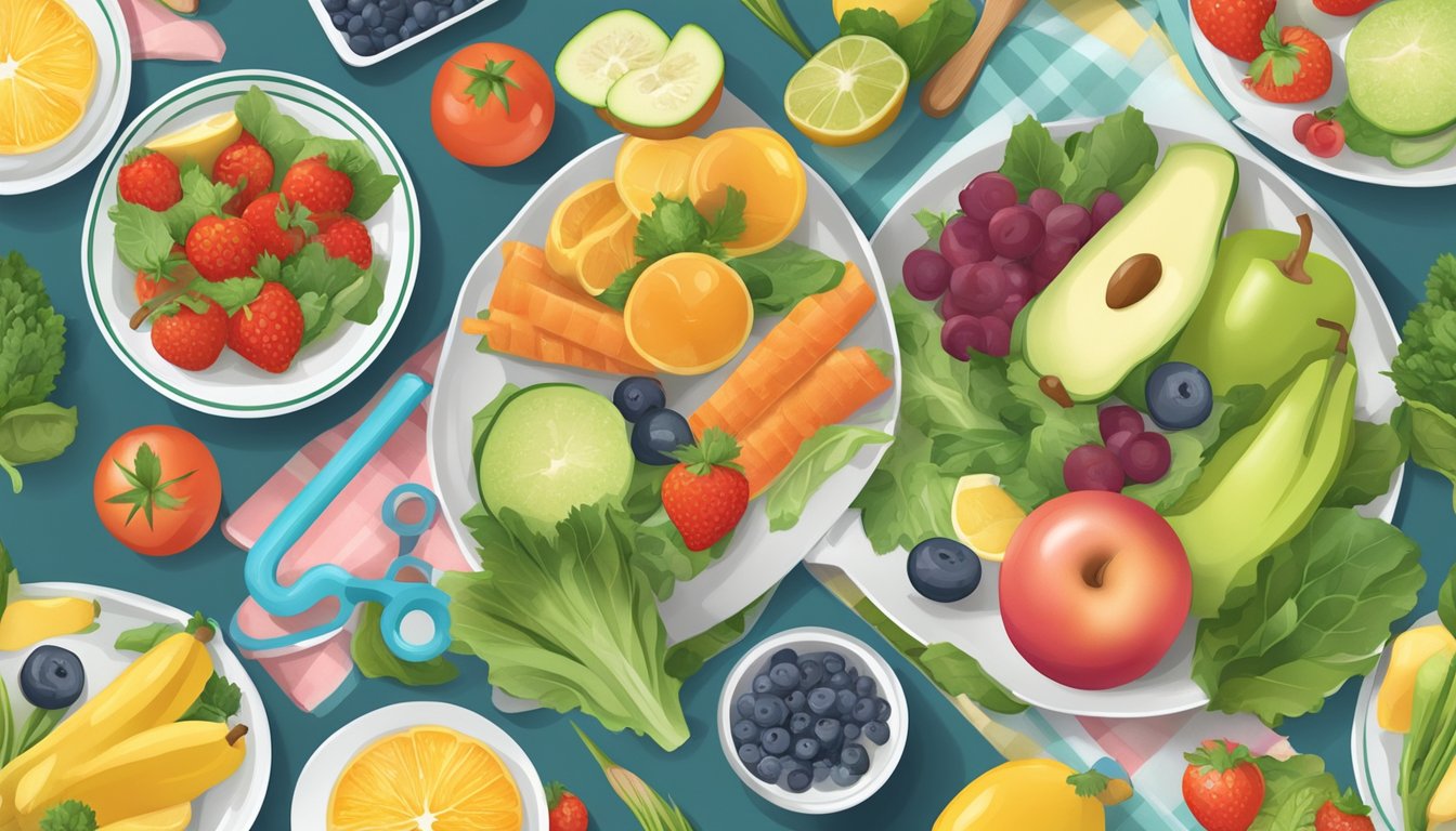 A colorful plate of healthy foods surrounded by exercise equipment and a water bottle