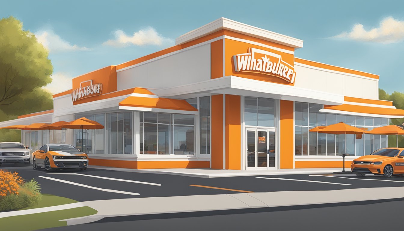 A bustling Whataburger restaurant with the iconic orange and white striped building, drive-thru lane, and outdoor seating area filled with customers