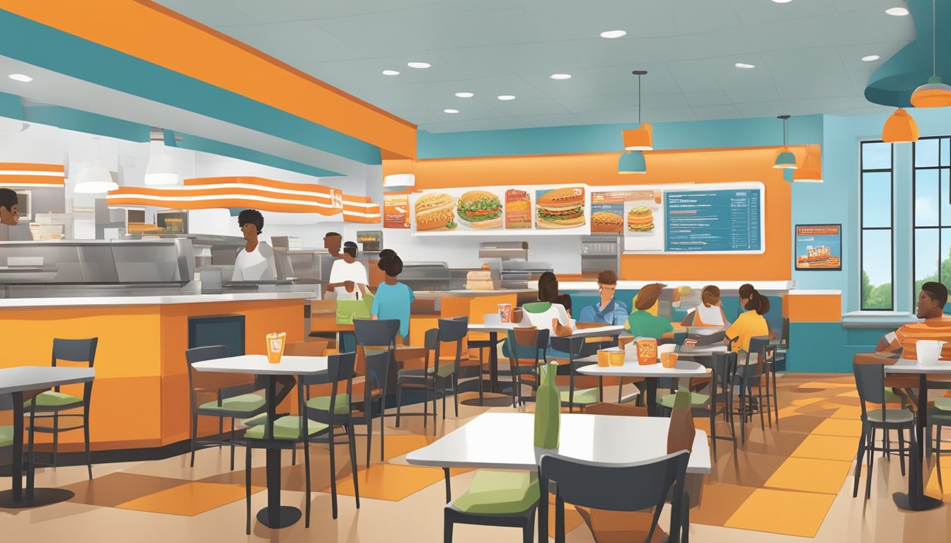 A bustling Whataburger restaurant with a colorful menu board and a variety of food offerings displayed on the counter. Tables and chairs fill the dining area, with customers enjoying their meals