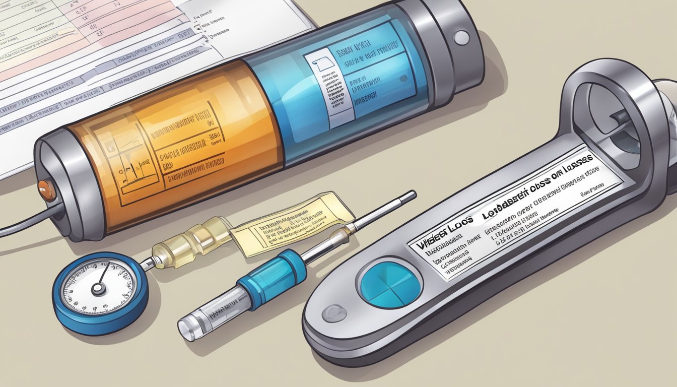 A vial of weight loss injection next to a diabetes monitoring device, with a warning label and a list of potential side effects