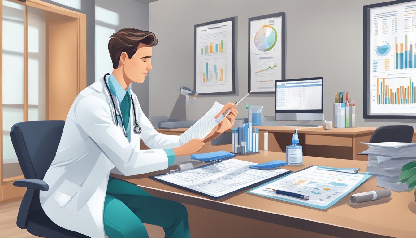 A doctor holding a syringe in a medical office, with diabetes-related charts and regulatory documents on the desk