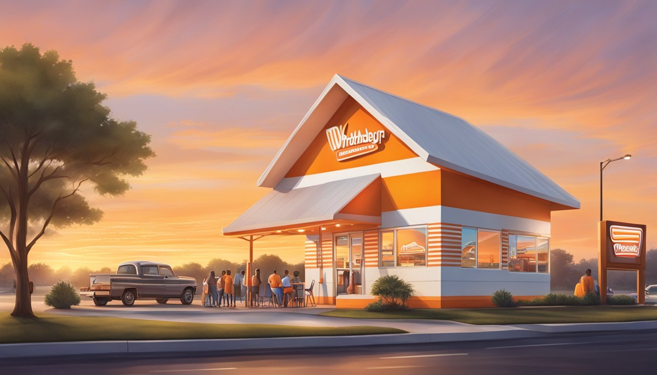 The iconic orange and white striped A-frame building of Whataburger stands proudly against a Texas sunset, with a line of hungry customers waiting at the drive-thru