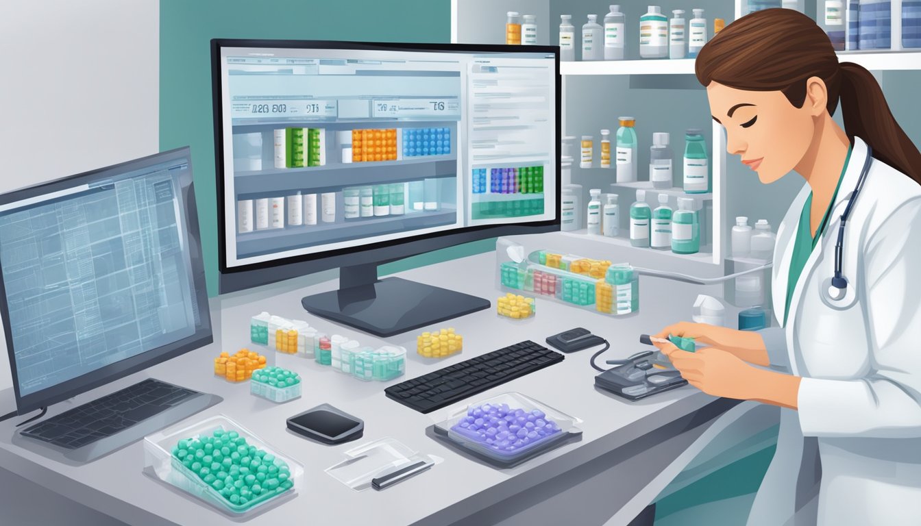 A pharmacist preparing and labeling vials of weight loss injections, with a computer nearby displaying cost and access information