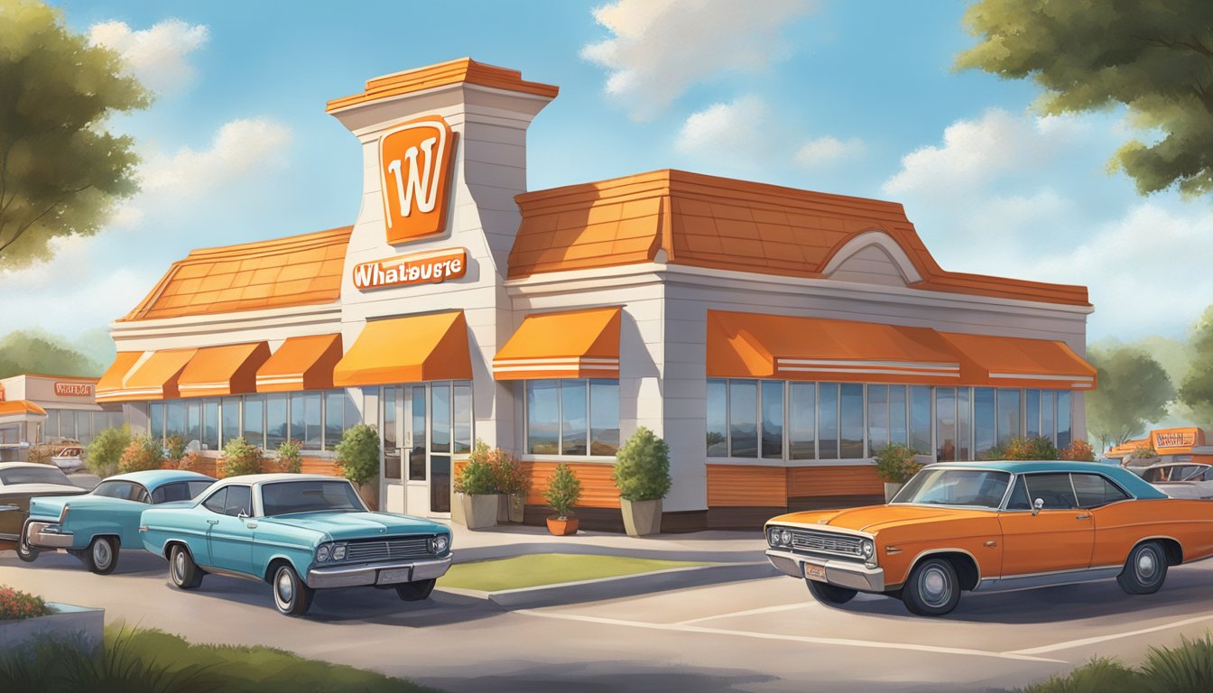 A bustling Whataburger restaurant with a drive-thru line of cars and a busy dining area, surrounded by a vibrant Texas community