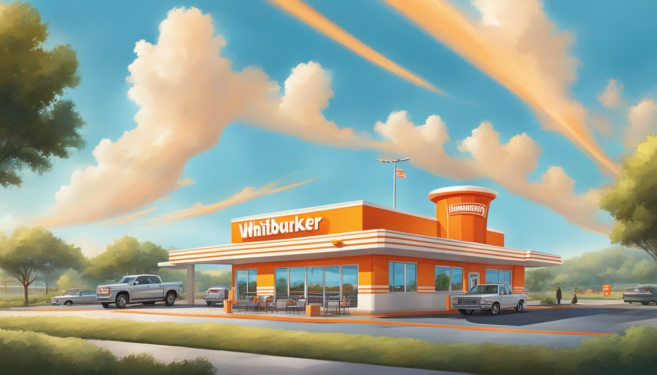 A bustling Whataburger restaurant with modern architecture and a drive-thru, surrounded by Texas landscapes and a bright, optimistic sky