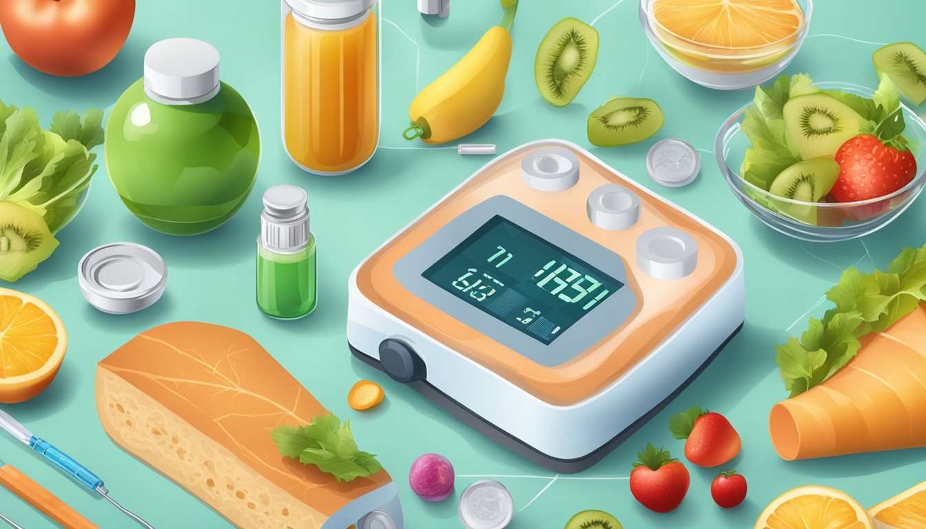 A vial of weight loss injection surrounded by diabetes monitoring equipment and healthy food