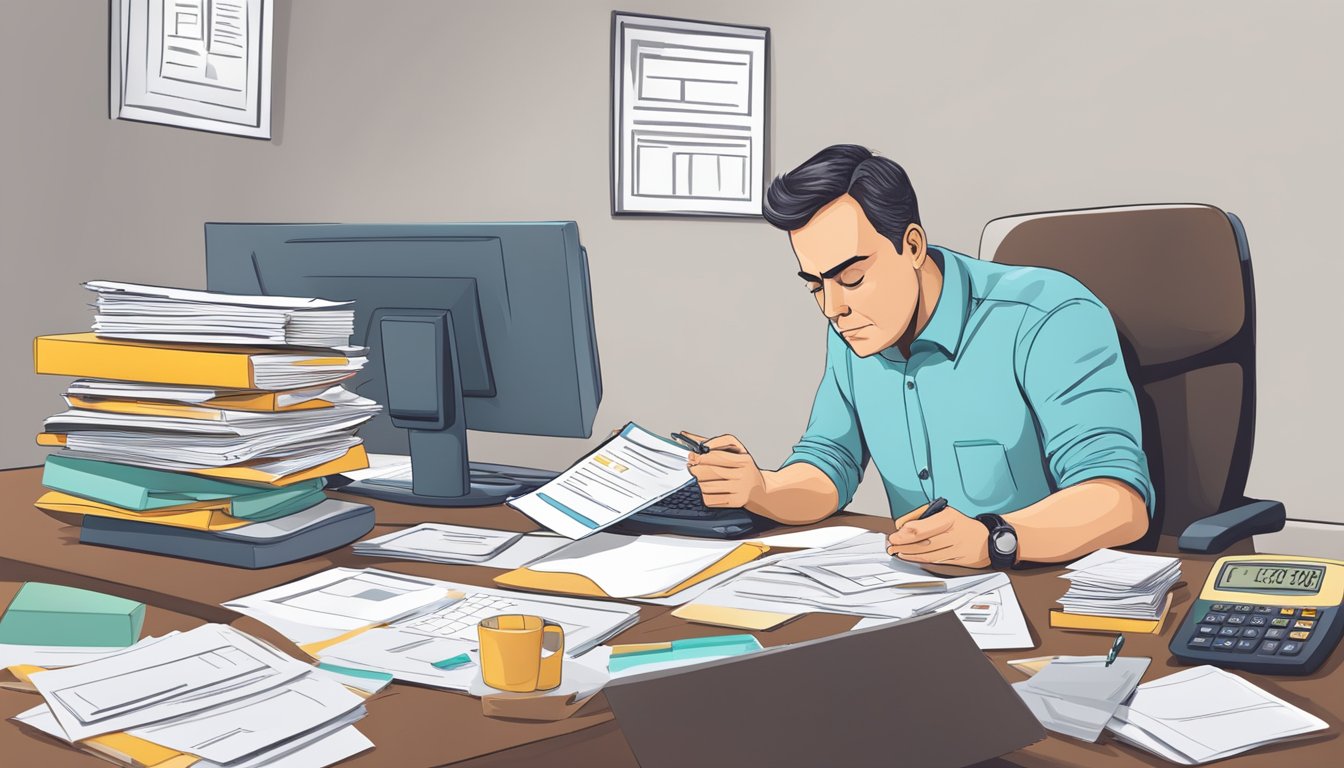 A person sitting at a desk, surrounded by paperwork and a calculator, with a concerned expression while reviewing cost estimates for weight loss injections