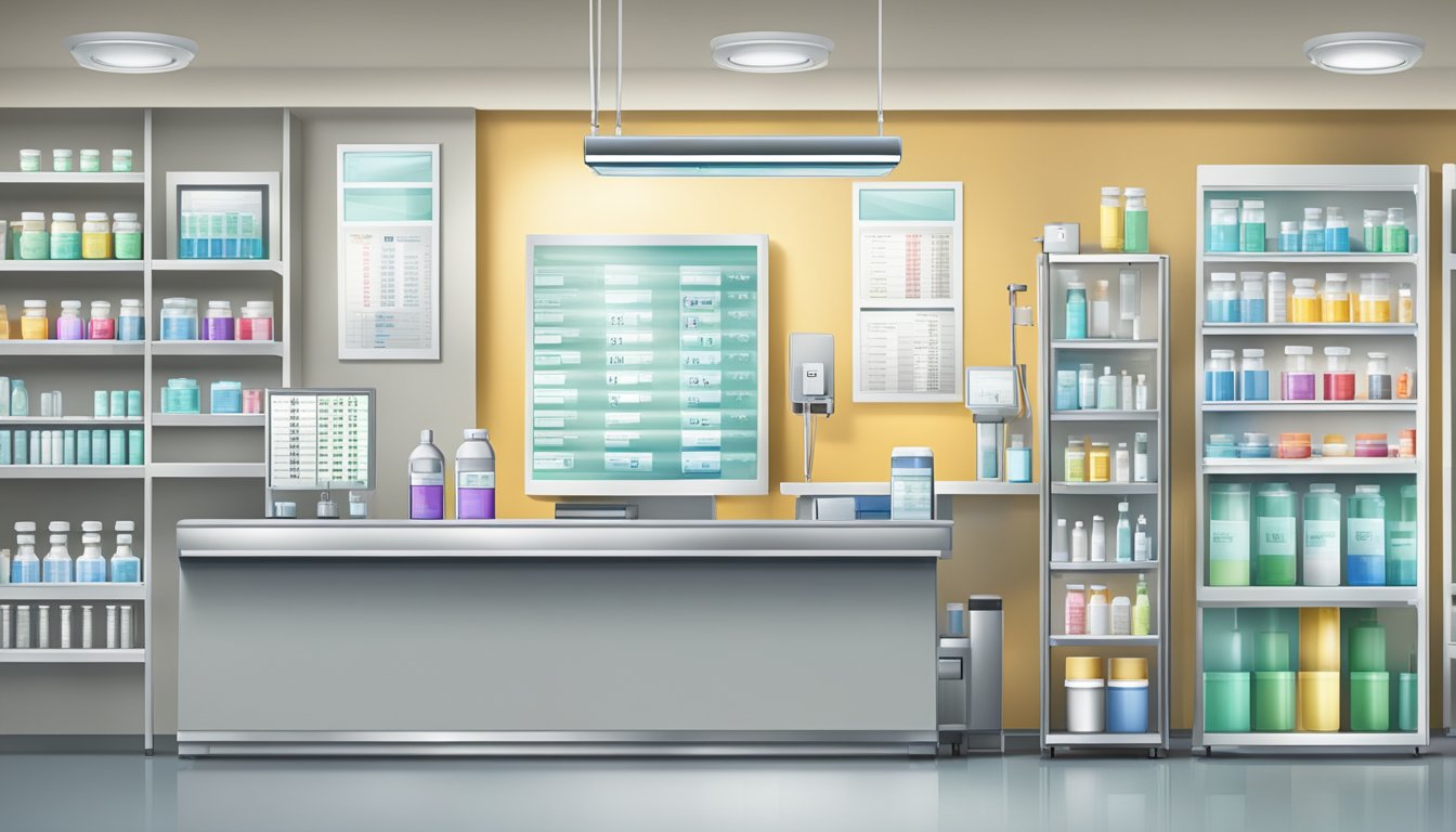 A medical office with a scale, vials, and a price list