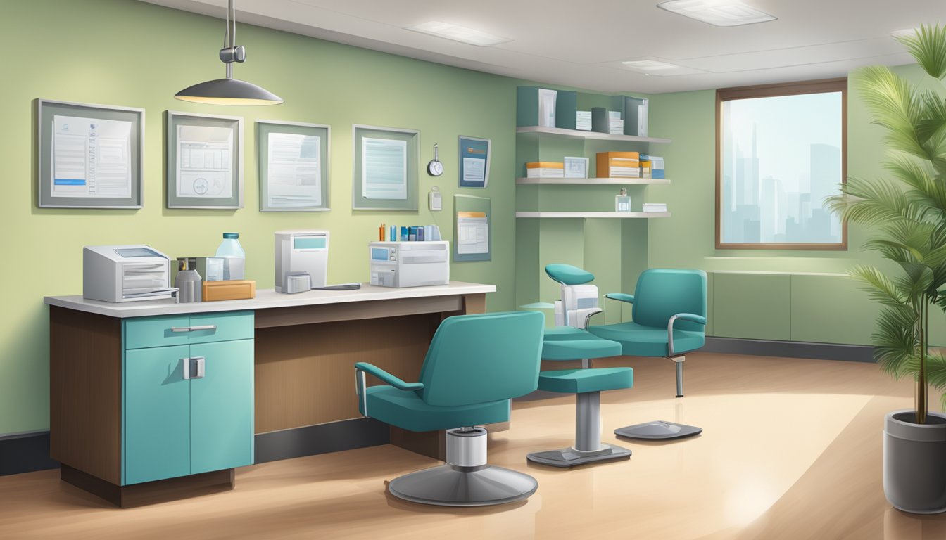 A doctor's office with a scale, medical supplies, and a reception desk