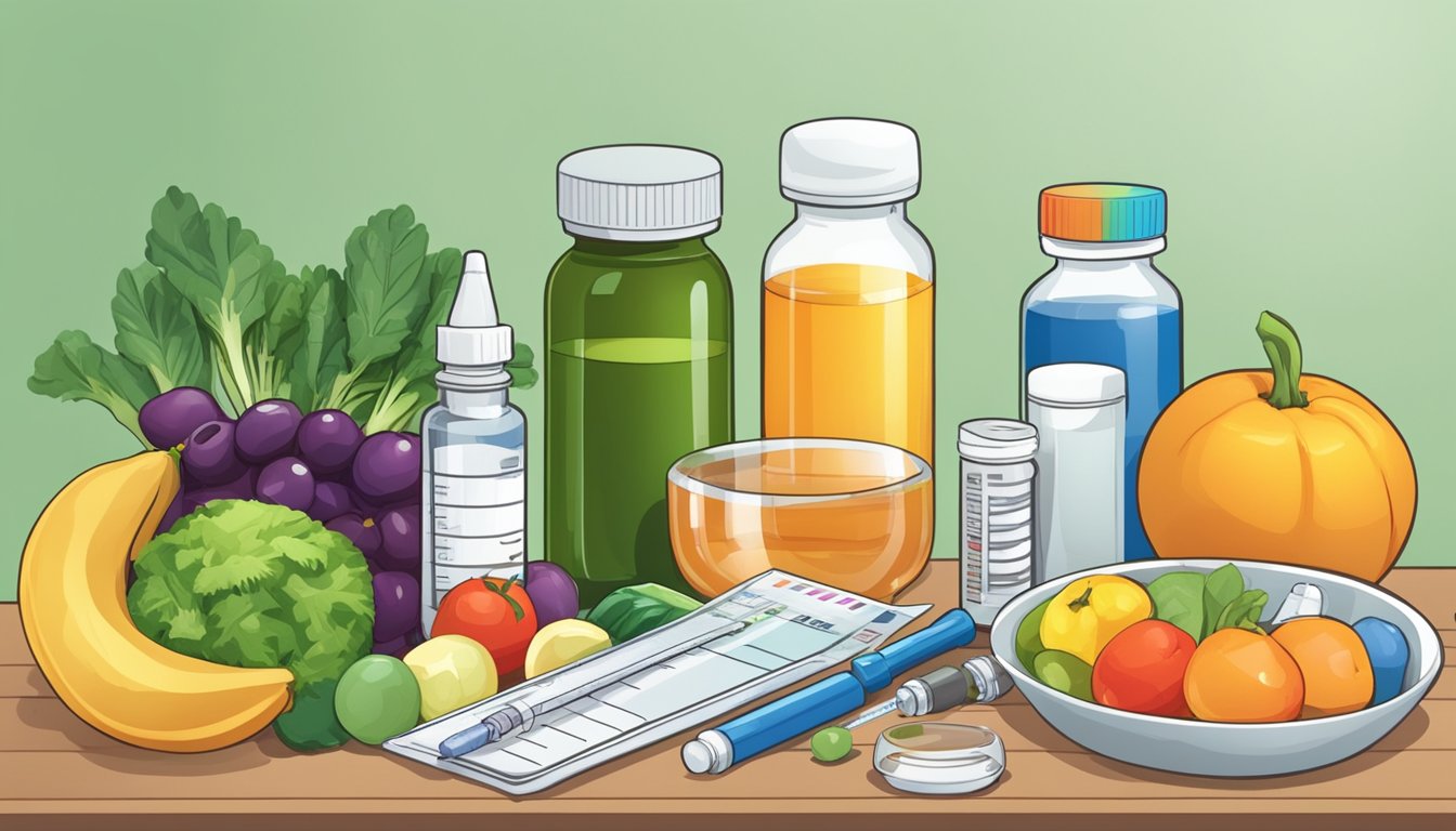 A table with various fruits, vegetables, and vitamin supplements. A syringe filled with B12 injection next to a bottle of weight loss medication