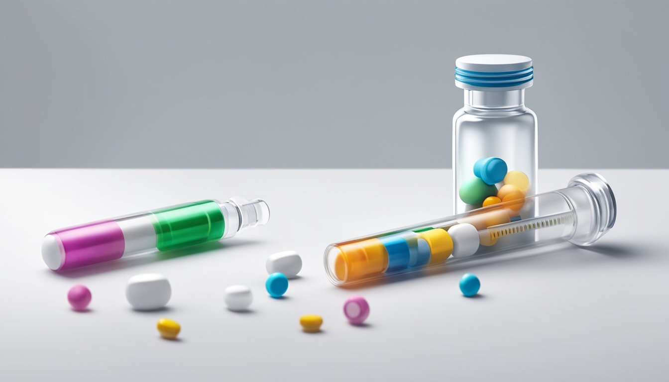 A vial of weight loss injection sits on a clean, white surface, surrounded by a few scattered pills and a measuring syringe