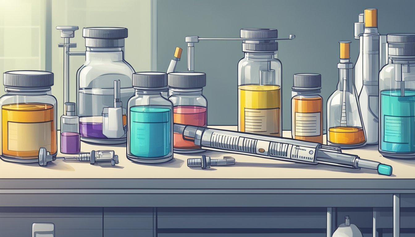 A syringe injecting weight loss medication into a vial labeled "Mounjaro" amidst scientific equipment and a laboratory setting