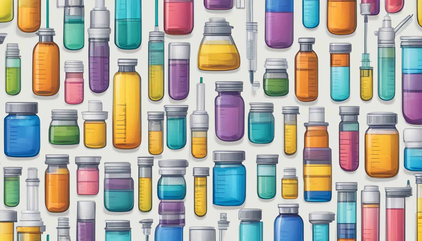 A colorful array of vials and syringes, with labels indicating OTC and prescription options for weight loss injections