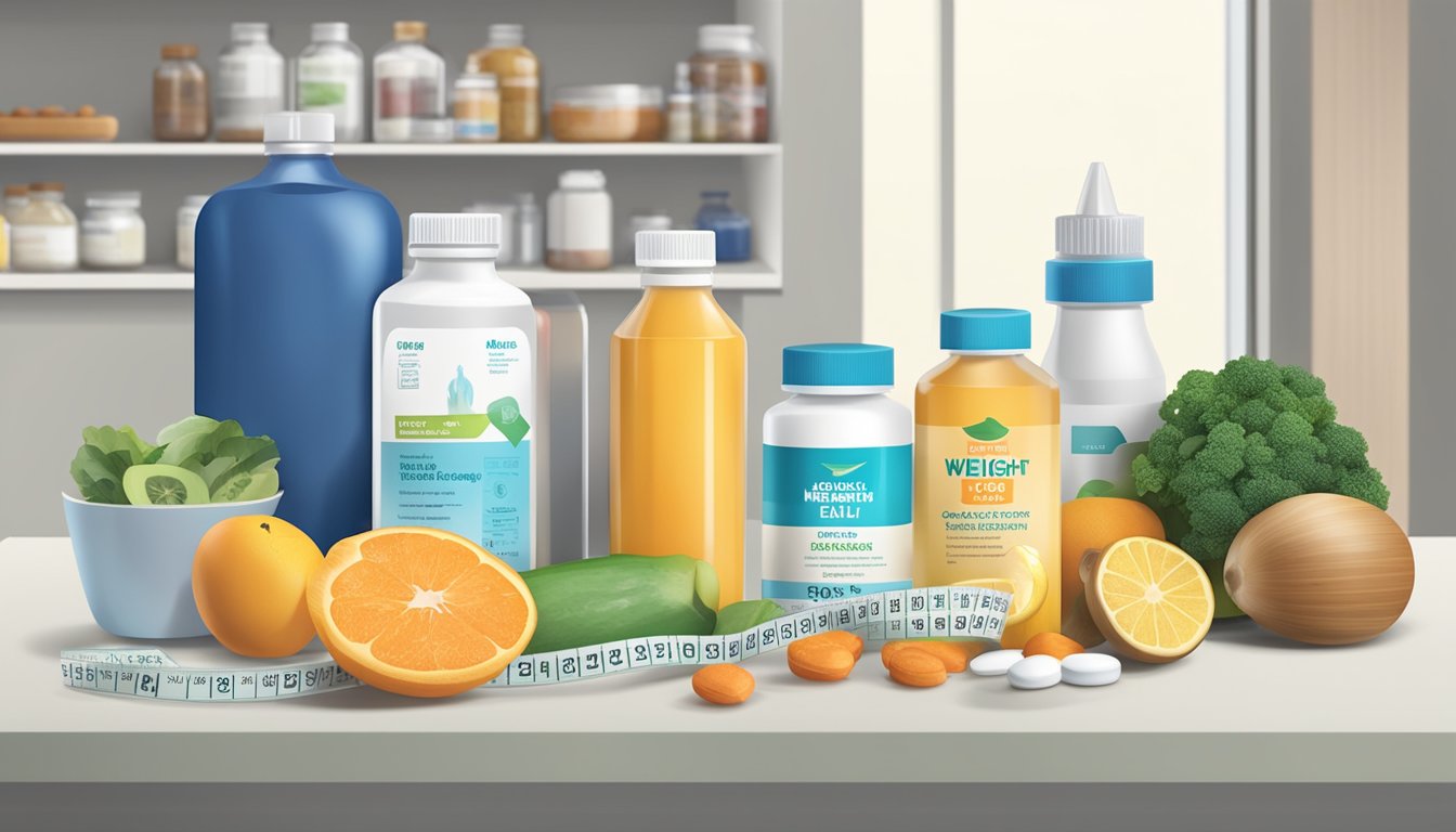 A table with healthy food, exercise equipment, and a bottle of weight loss injections next to an over-the-counter medication display