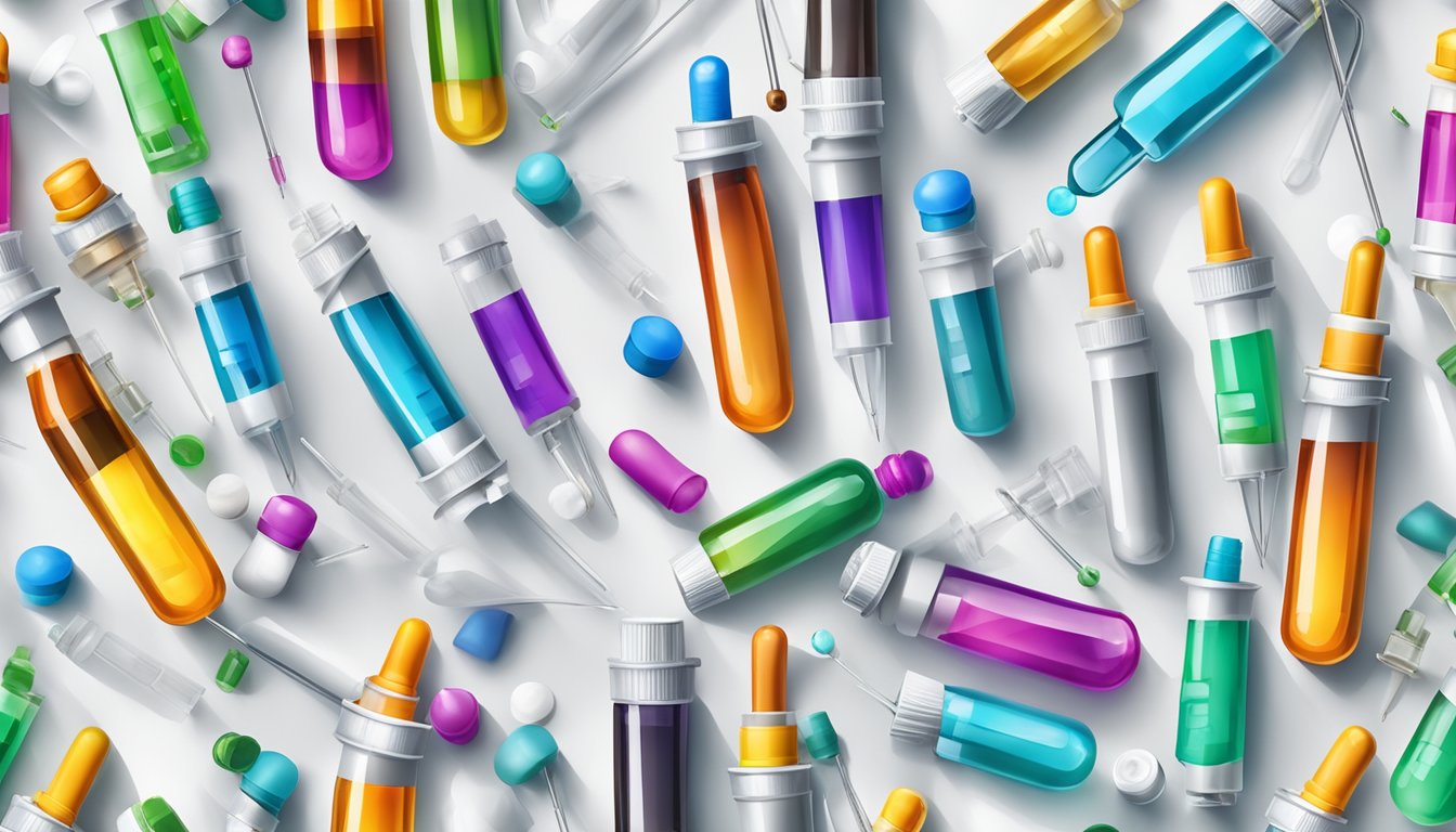 A colorful array of medical vials and syringes arranged on a sterile white surface