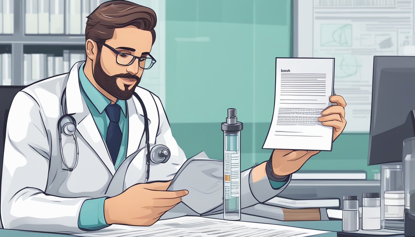 A doctor in a lab coat holding a vial of weight loss injection, with a regulatory document in the background