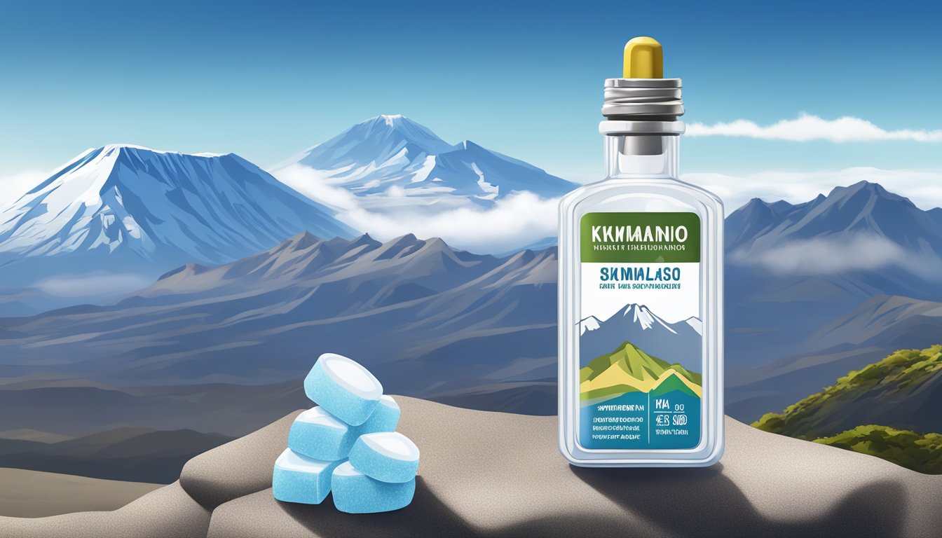 A vial of weight loss injections sits atop a rugged Mount Kilimanjaro, surrounded by snow-capped peaks and a clear blue sky