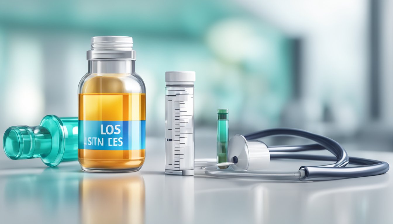 A vial of weight loss injection surrounded by a bright, clean, and modern medical setting