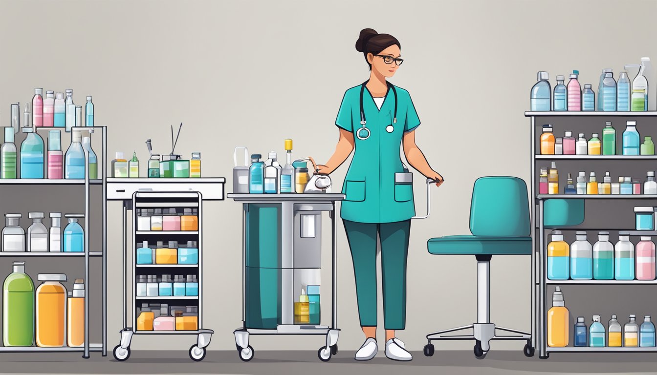 A nurse preparing a syringe with weight loss medication, standing next to a medical trolley with vials and other injection supplies