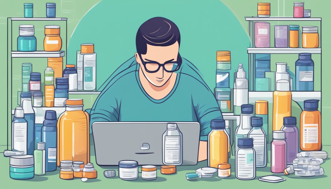 A person searching online for affordable weight loss injections, surrounded by various medication bottles and price comparison websites