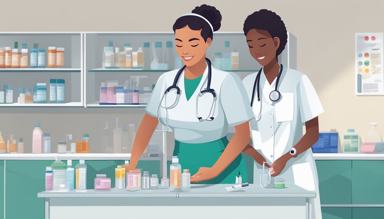 A nurse preparing a syringe with weight loss medication, standing next to a medical table with a patient's stomach exposed