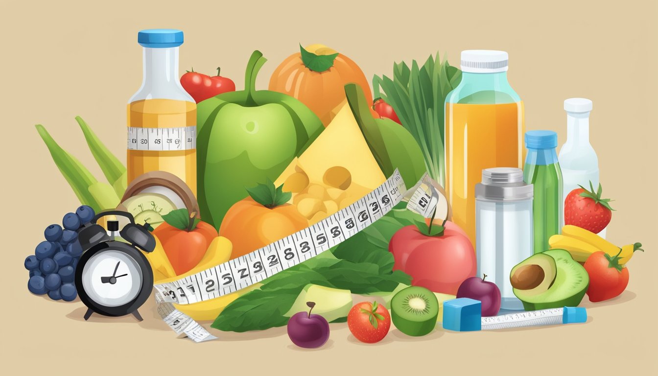 A vial of weight loss injection surrounded by a variety of healthy foods and a measuring tape, symbolizing the efficacy and potential side effects of the treatment