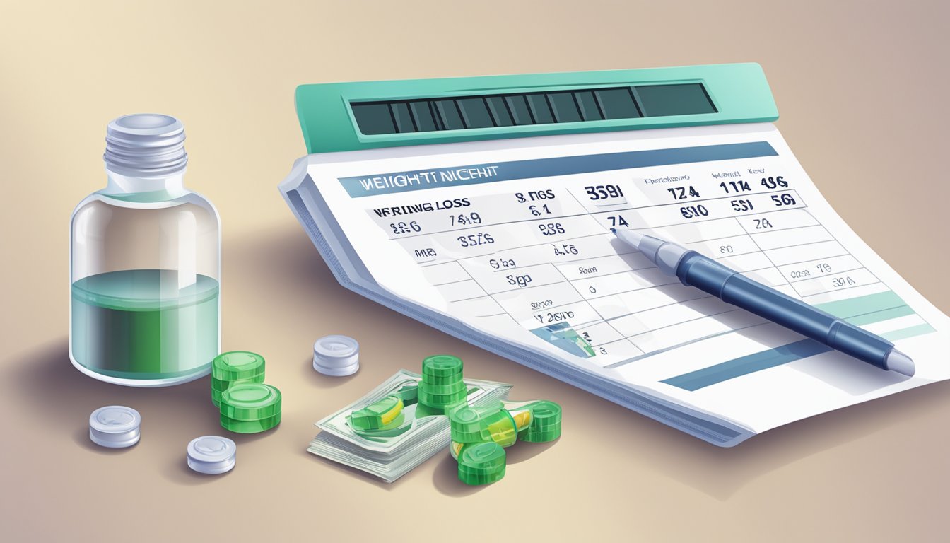 A vial of weight loss injection next to a price list and calculator