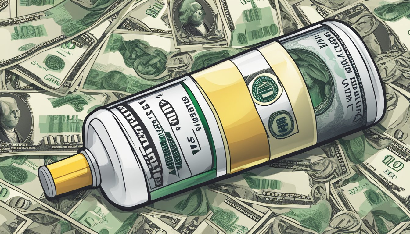 A vial of weight loss injection surrounded by scattered dollar bills