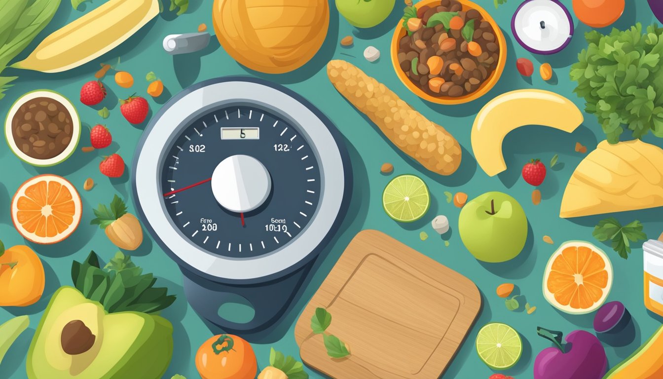 A scale surrounded by various healthy food items and exercise equipment