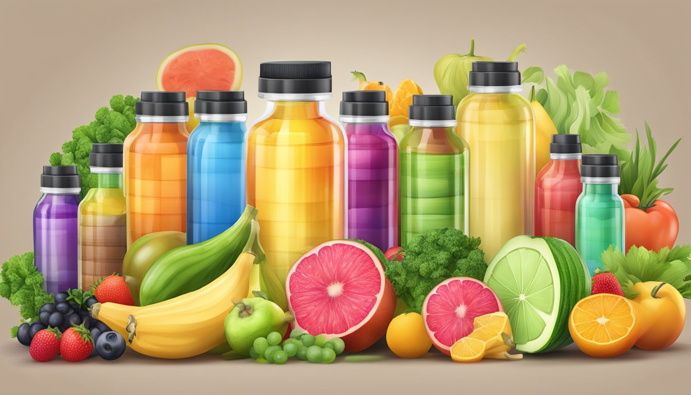 A vial of weight loss injections surrounded by a variety of colorful and healthy fruits and vegetables