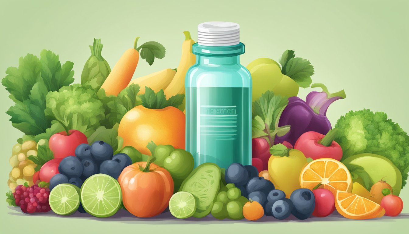 A vial of weight loss injection surrounded by healthy fruits and vegetables