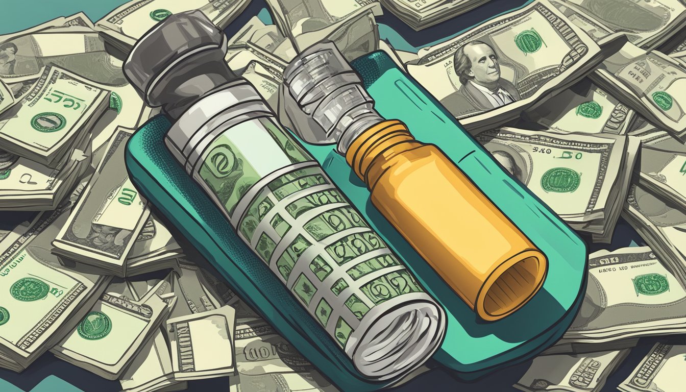 A vial of weight loss injections surrounded by dollar bills and a calculator