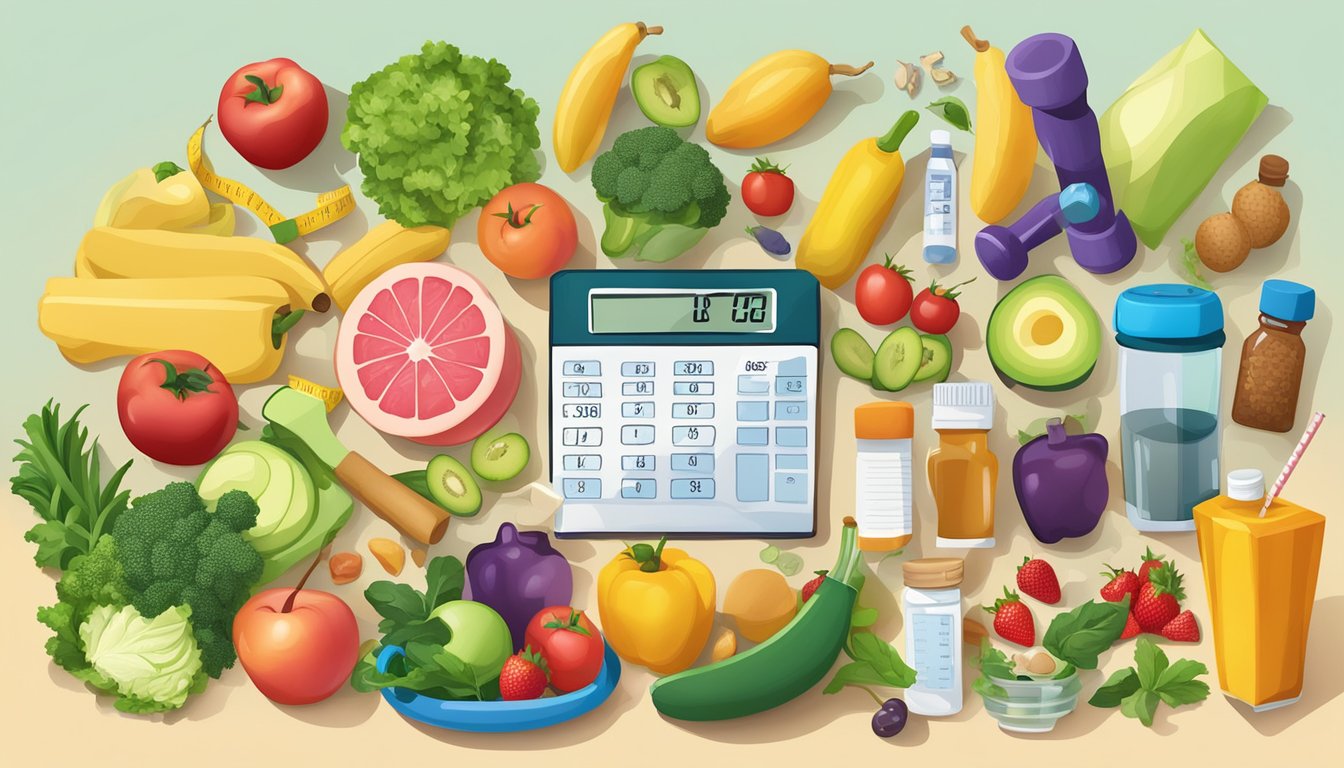 A colorful array of healthy foods and exercise equipment surrounding a bottle of weight loss injections