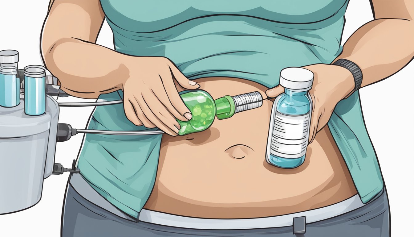 A vial of weight loss solution being injected into a stomach once a week