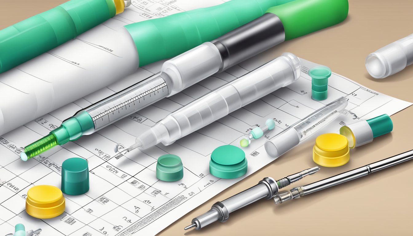 A table with vials of weight loss injections, a syringe, and a medical chart