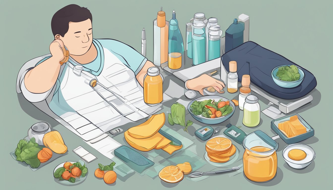 A person's weekly routine: receiving a weight loss injection in the stomach, surrounded by lifestyle support materials and considerations